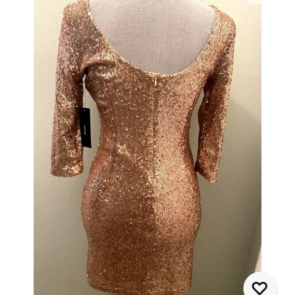 Lulus Delightful Ways Rose Gold Sequin Dress, Mini Bodycon XL Sleeve, Small - Picture 2 of 8